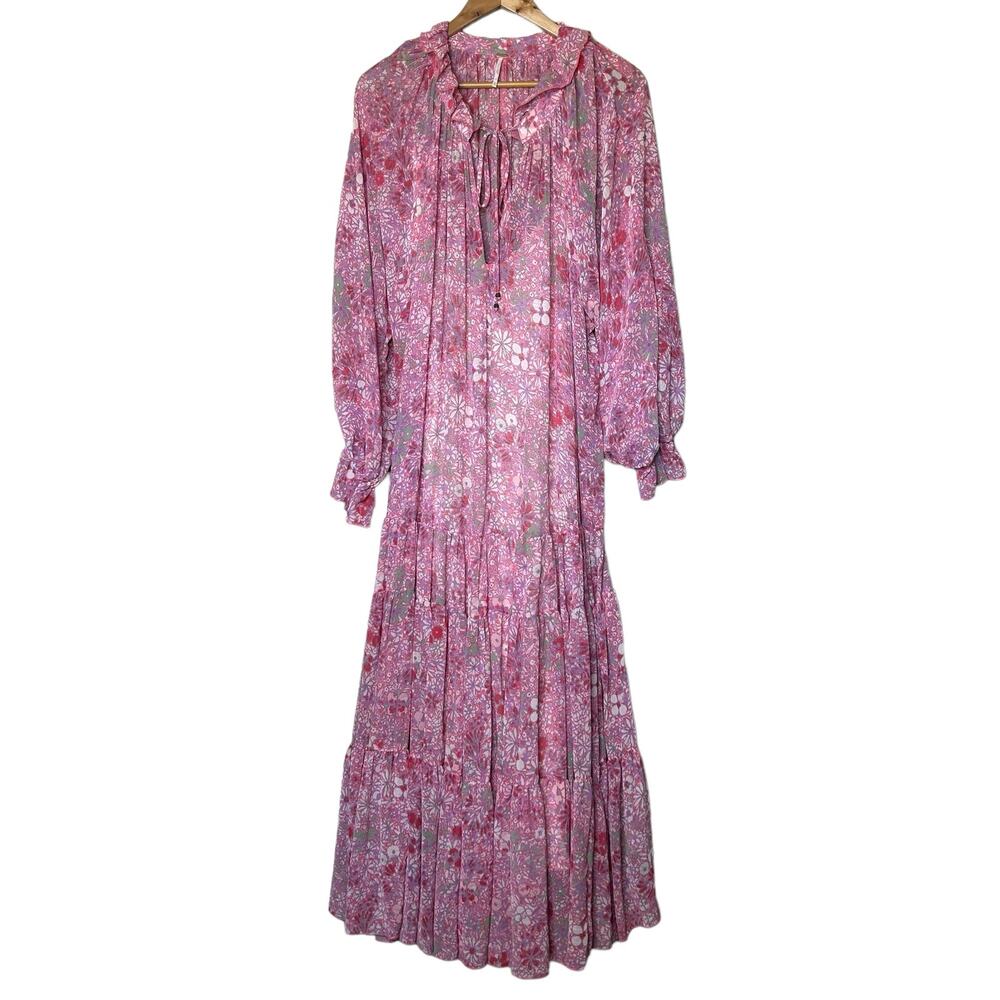 Free People Dress Maxi Feeling Groovy Pink Floral Ruffles Tiered Oversized Sz XL